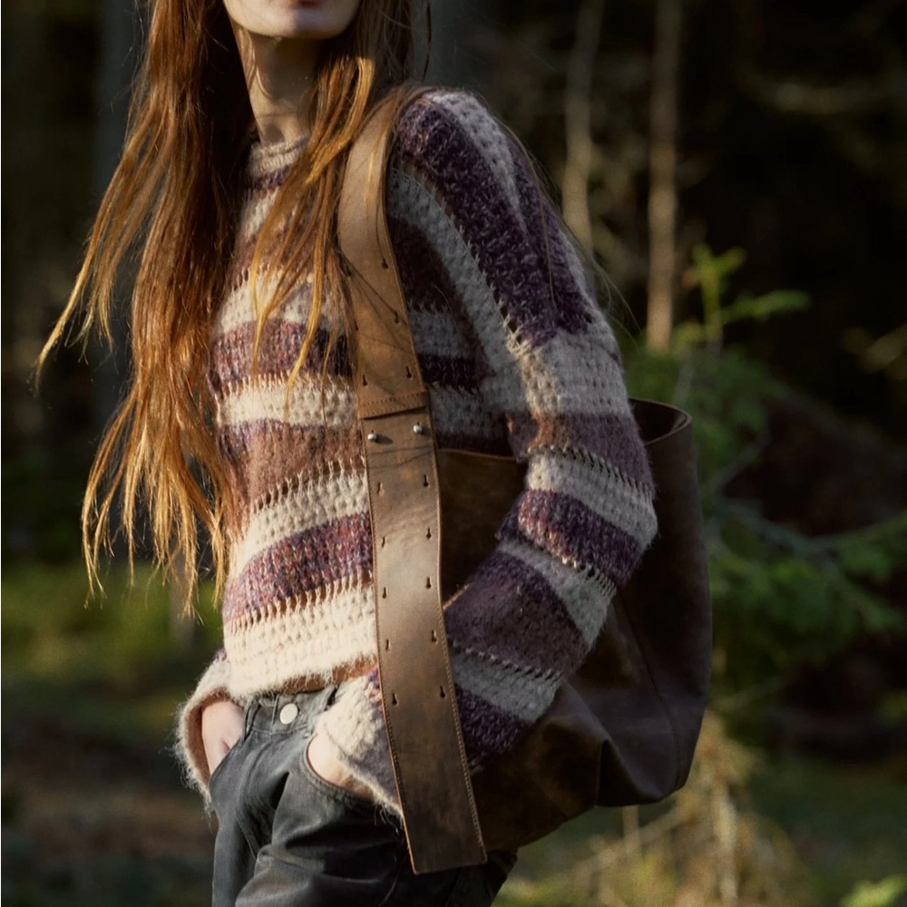 Zara patchwork knit sweater in beige, brown and burgundy.